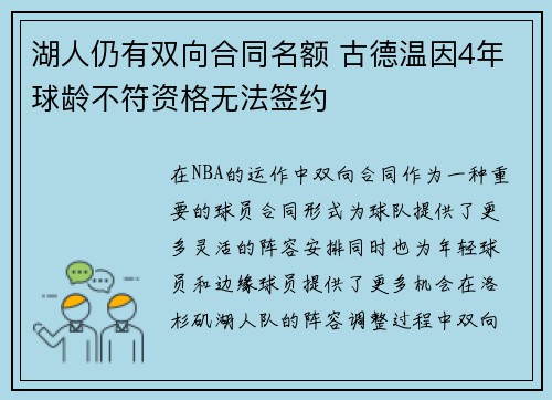 湖人仍有双向合同名额 古德温因4年球龄不符资格无法签约